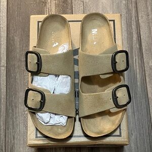 MIA Tan Sandals with Black Buckles